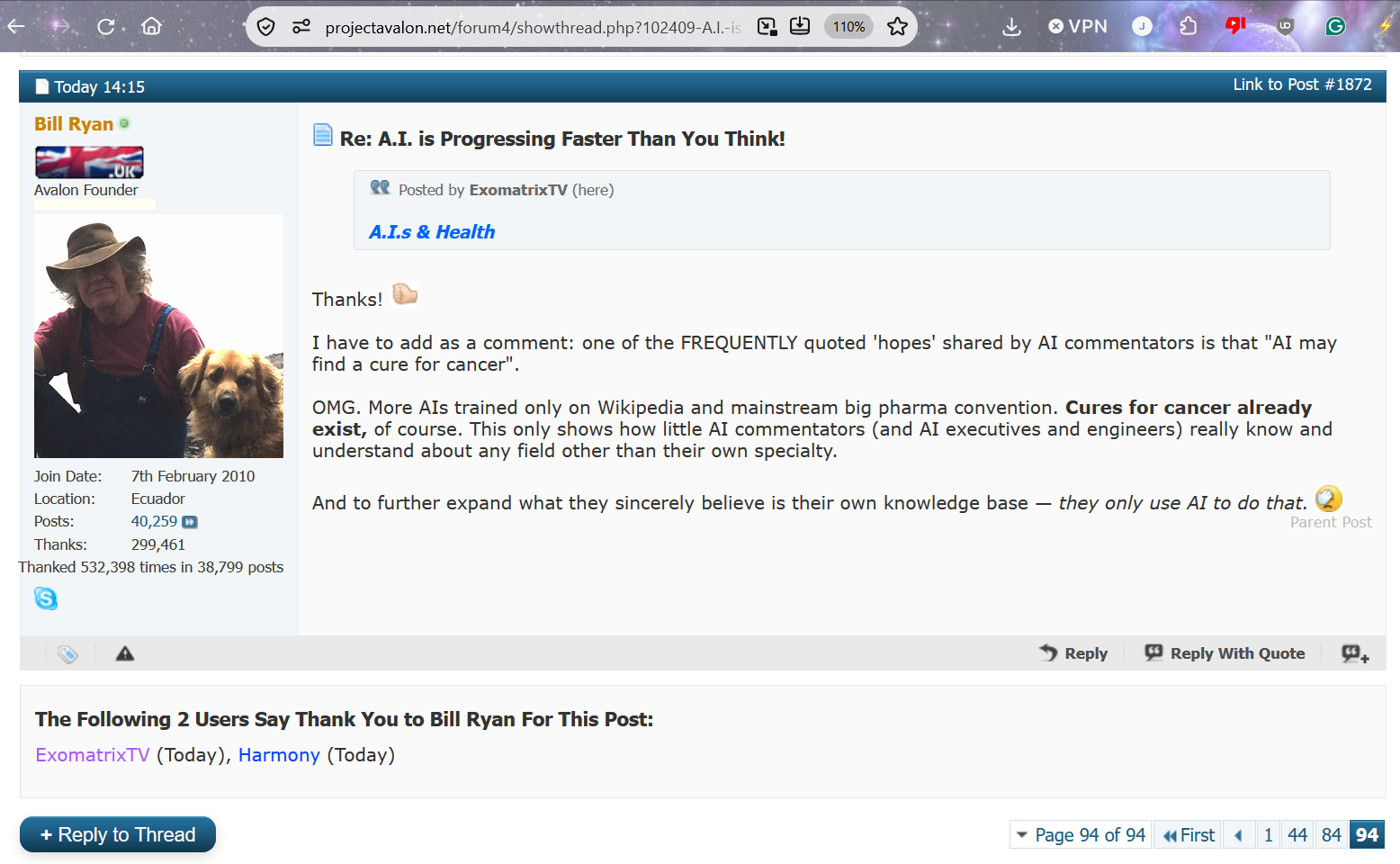 Screenshot supplied by John Kuhles of Bill Ryan’s Project Avalon response to A.I.s & Health, post #1872: Bill thanks John and discusses the scope of A.I. commentators’ health knowledge.