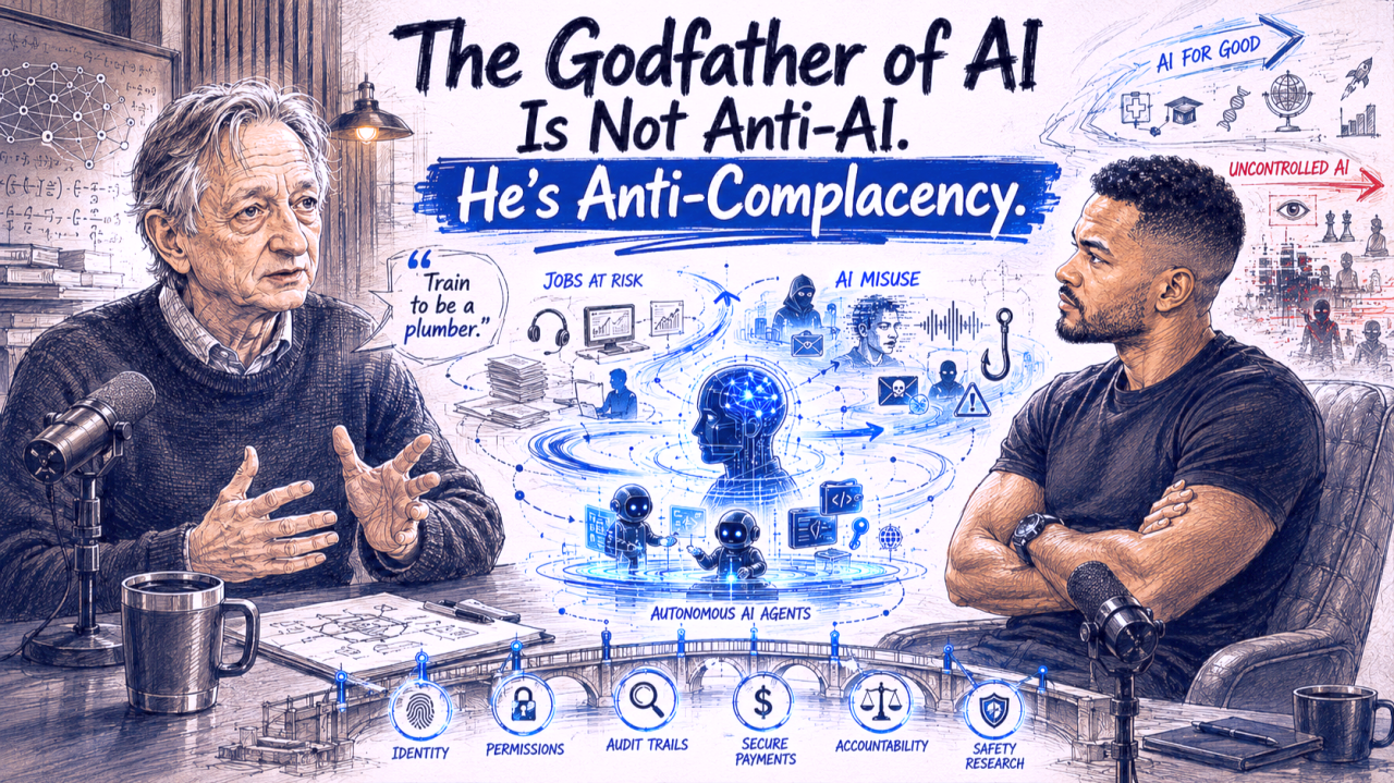 Illustrated Geoffrey Hinton and Steven Bartlett interview map: The Godfather of AI Is Not Anti-A.I. He’s Anti-Complacency; job risk, A.I. misuse, autonomous agents, A.I. for good, uncontrolled A.I., identity, permissions, audit trails, secure payments, accountability and safety research.